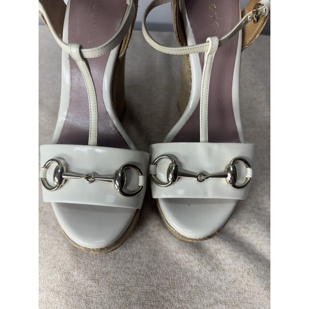 GUCCI  Women’s Horsebit Wedge High Heel Ankle Strap Cream Sandals 388866 Sz 36 - Picture 7 of 15